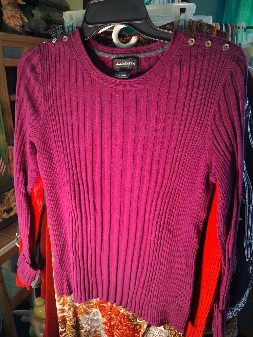 Liz Claiborne Plum Ribbed Crewneck Sweater with Shoulder Buttons